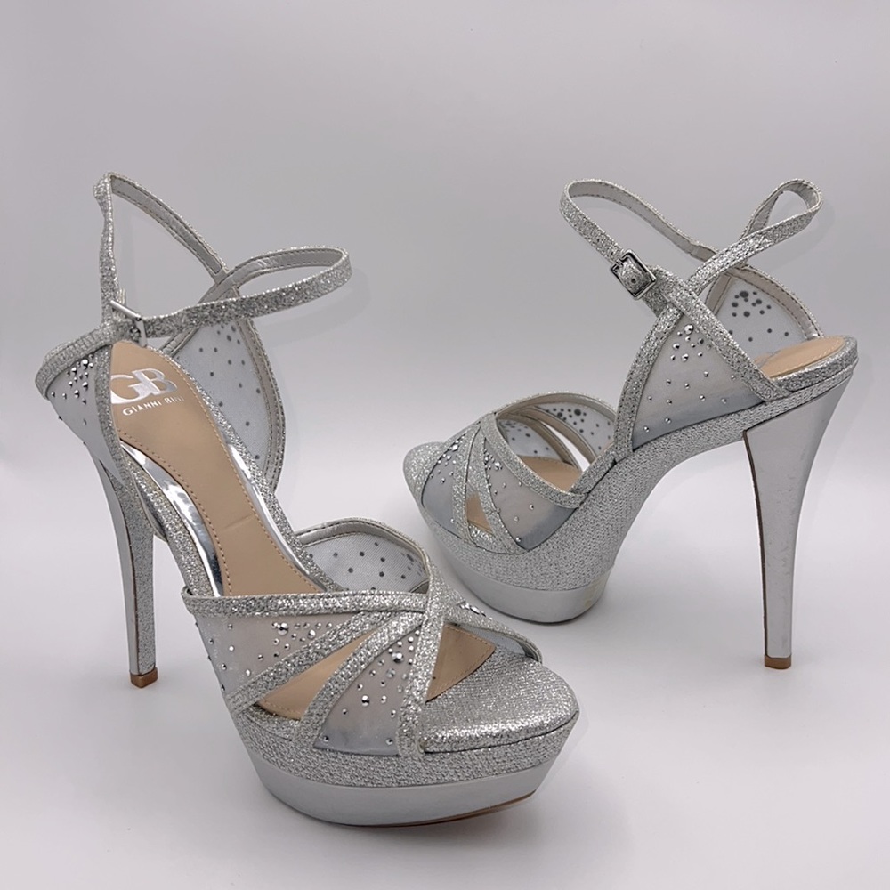 Gianni Bini. Silver open toe heels with rhinestone details. Size 8.5